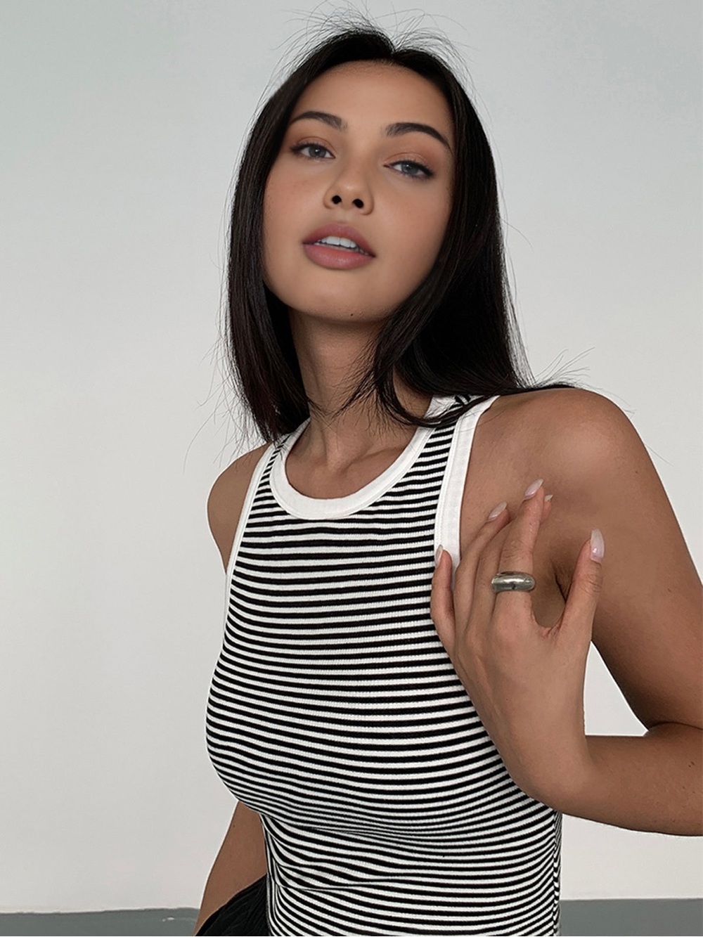 NWT Commense Black & White Striped Ribbed Top